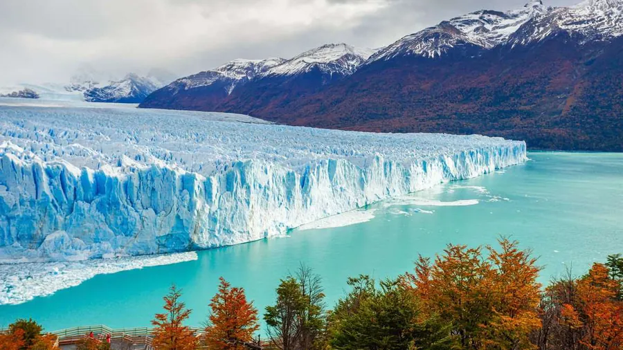 Frente del Glaciar Perito Moreno sobre el Lago Argentino, con el bosque en otoño